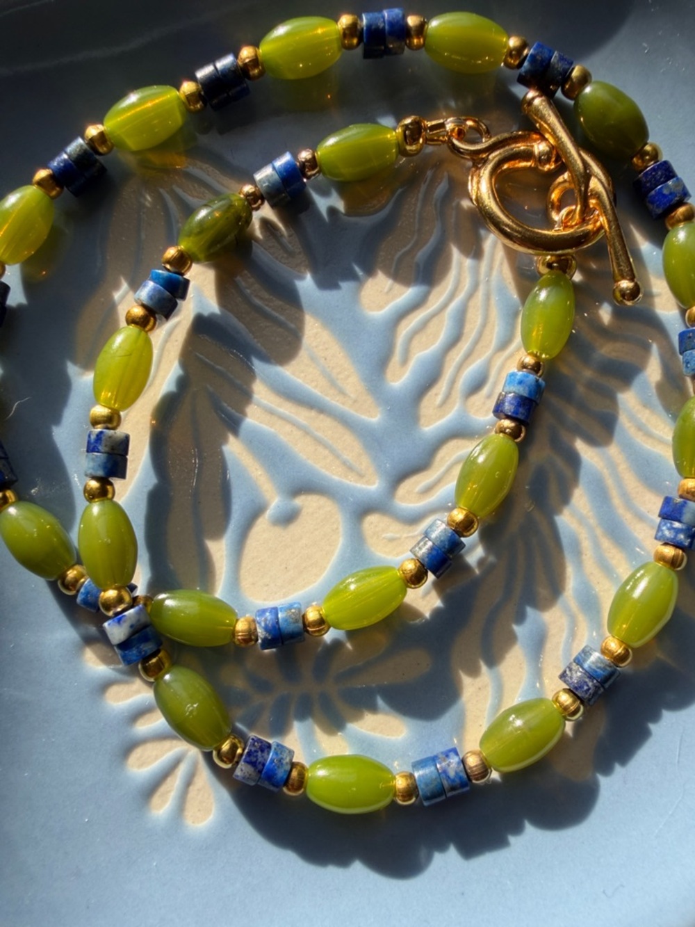 Handcrafted Olive Green and Lapis Beaded Necklace — Goldi Toggle Closure